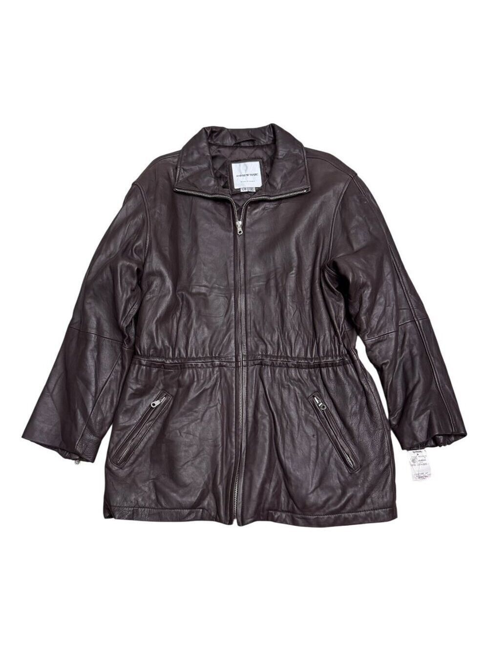ANDREW MARC LEATHER Luxury Designer Brown Business Casual Coat Womens Large